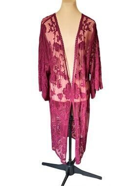 She + Sky Crochet Lace Midi Duster Kimono Cardigan - Red M/L